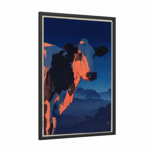 Neon Jersey Cow framed art print — black wood frame — orange and dark blue palette