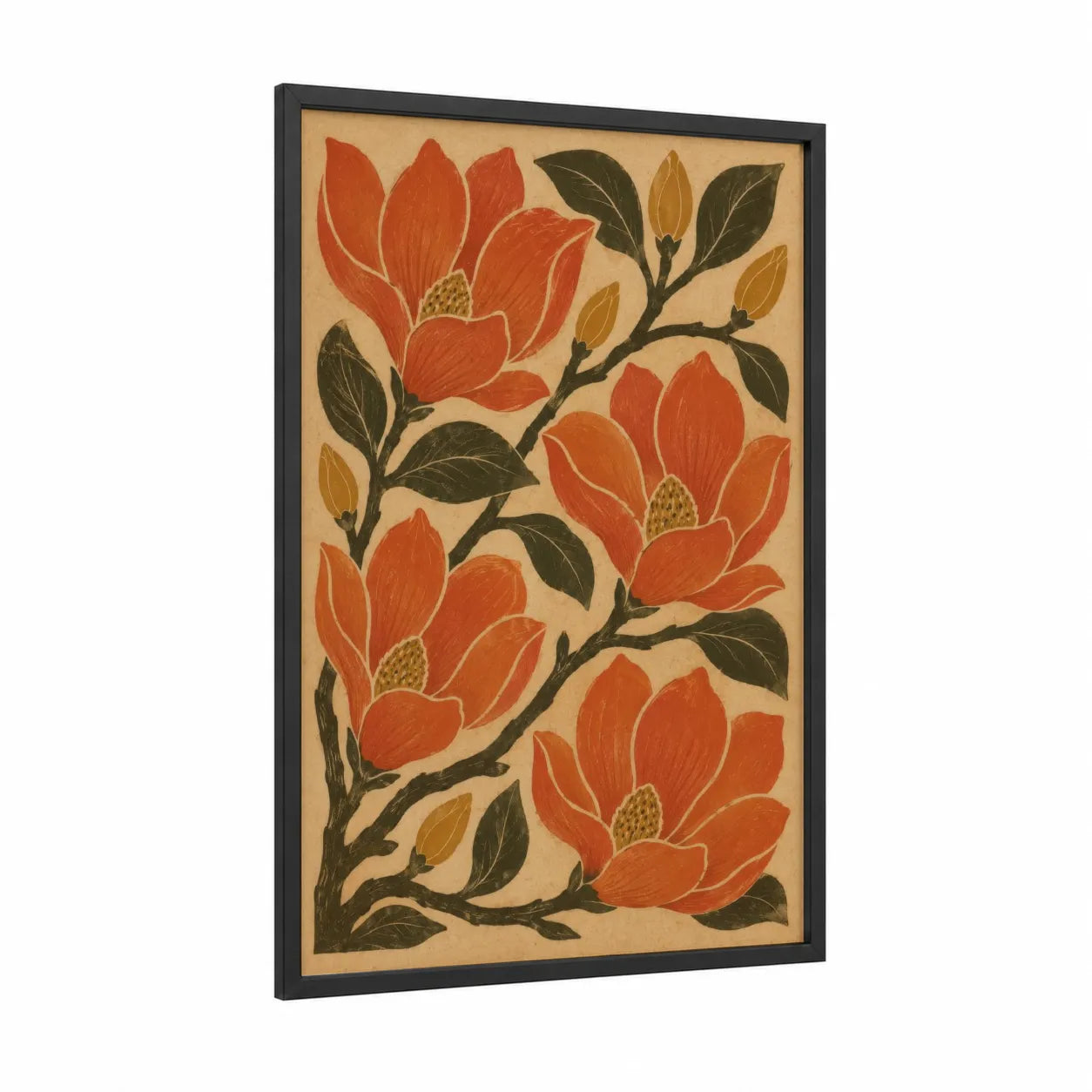 Vintage Magnolia Blossom Wall Art framed art print — black wood frame — orange and beige palette