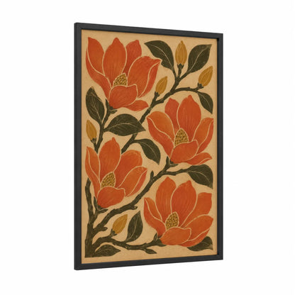Vintage Magnolia Blossom Wall Art framed art print — black wood frame — orange and beige palette