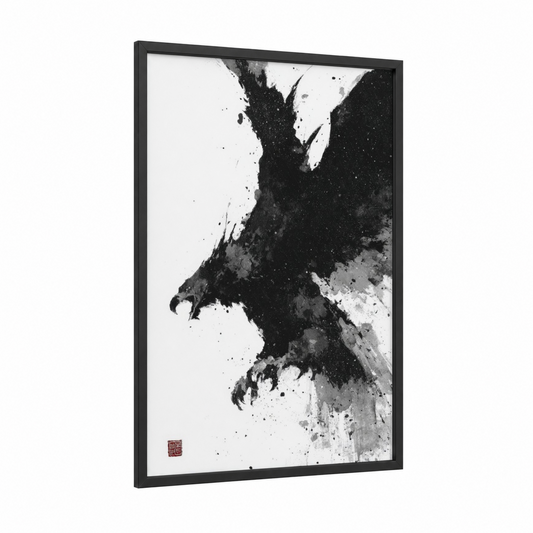 Ascending Griffin framed art print — black wood frame — black and white and gray palette