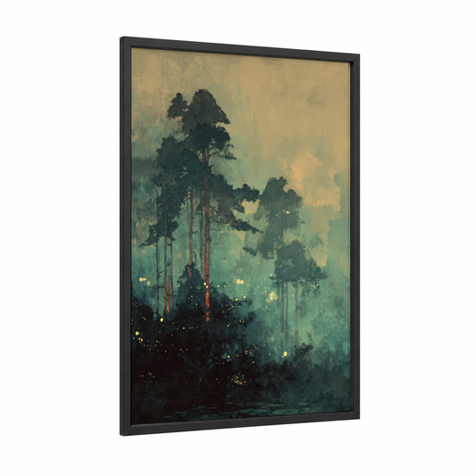 Misty Cypress Forest framed cypress tree print — black wood frame — teal and gold palette
