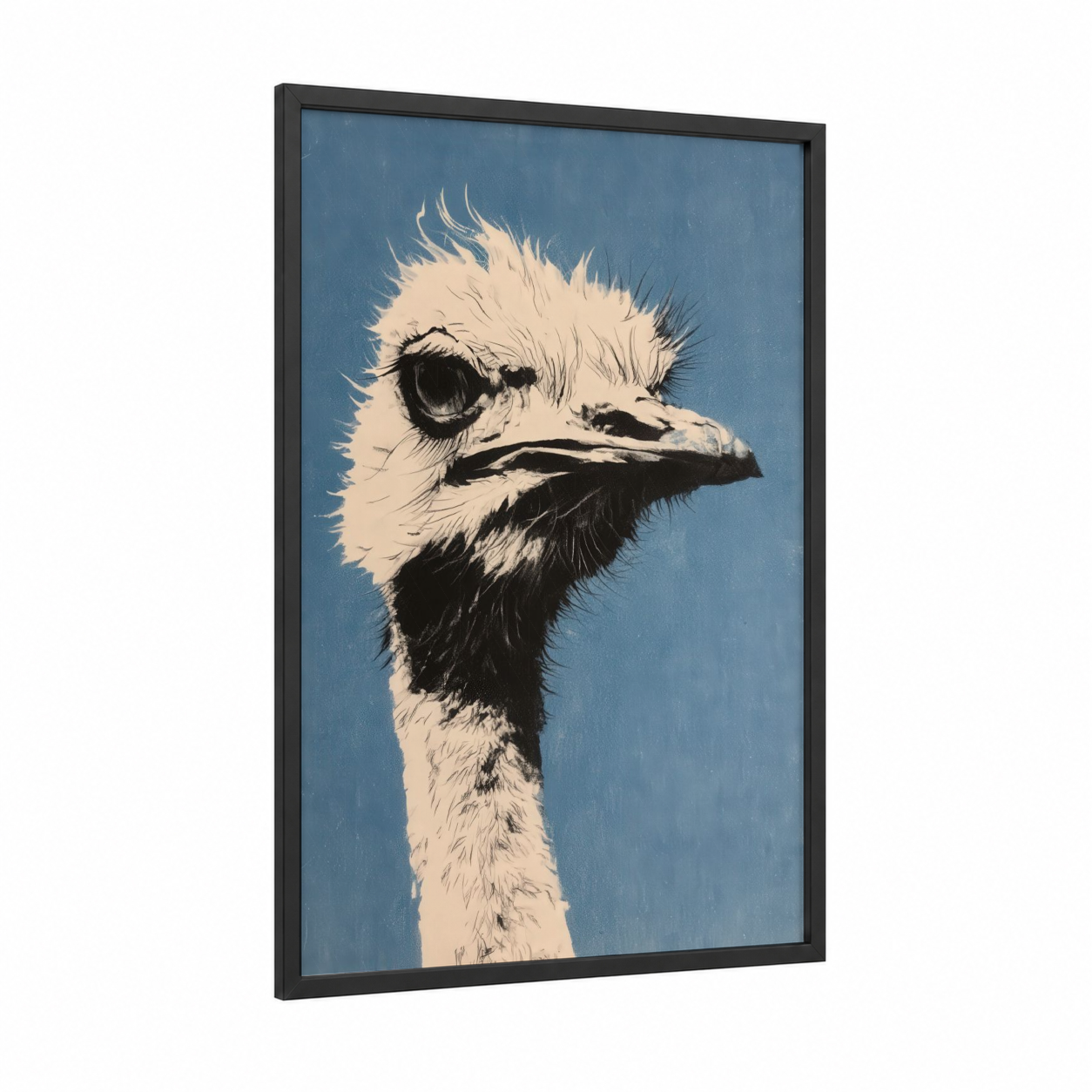 Curious Ostrich framed art print — black wood frame — blue and white and black and white palette