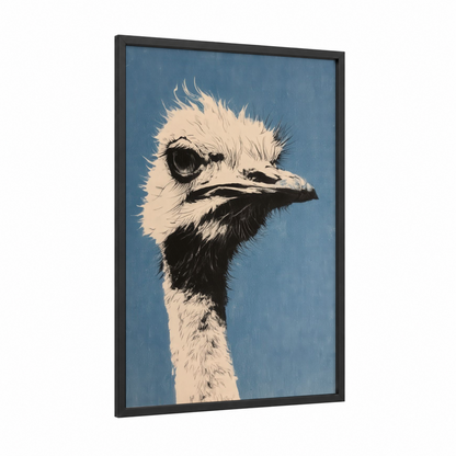 Curious Ostrich framed art print — black wood frame — blue and white and black and white palette