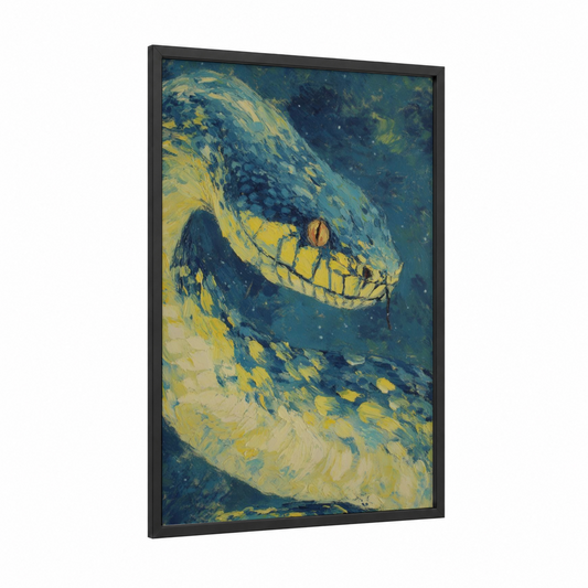 Golden Python Portrait framed art print — black wood frame — yellow gold and teal palette