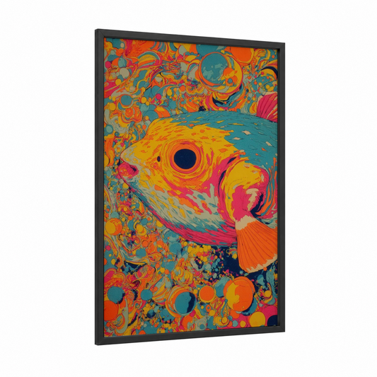 Tropical Puffer Fish framed art print — black wood frame — orange and magenta palette