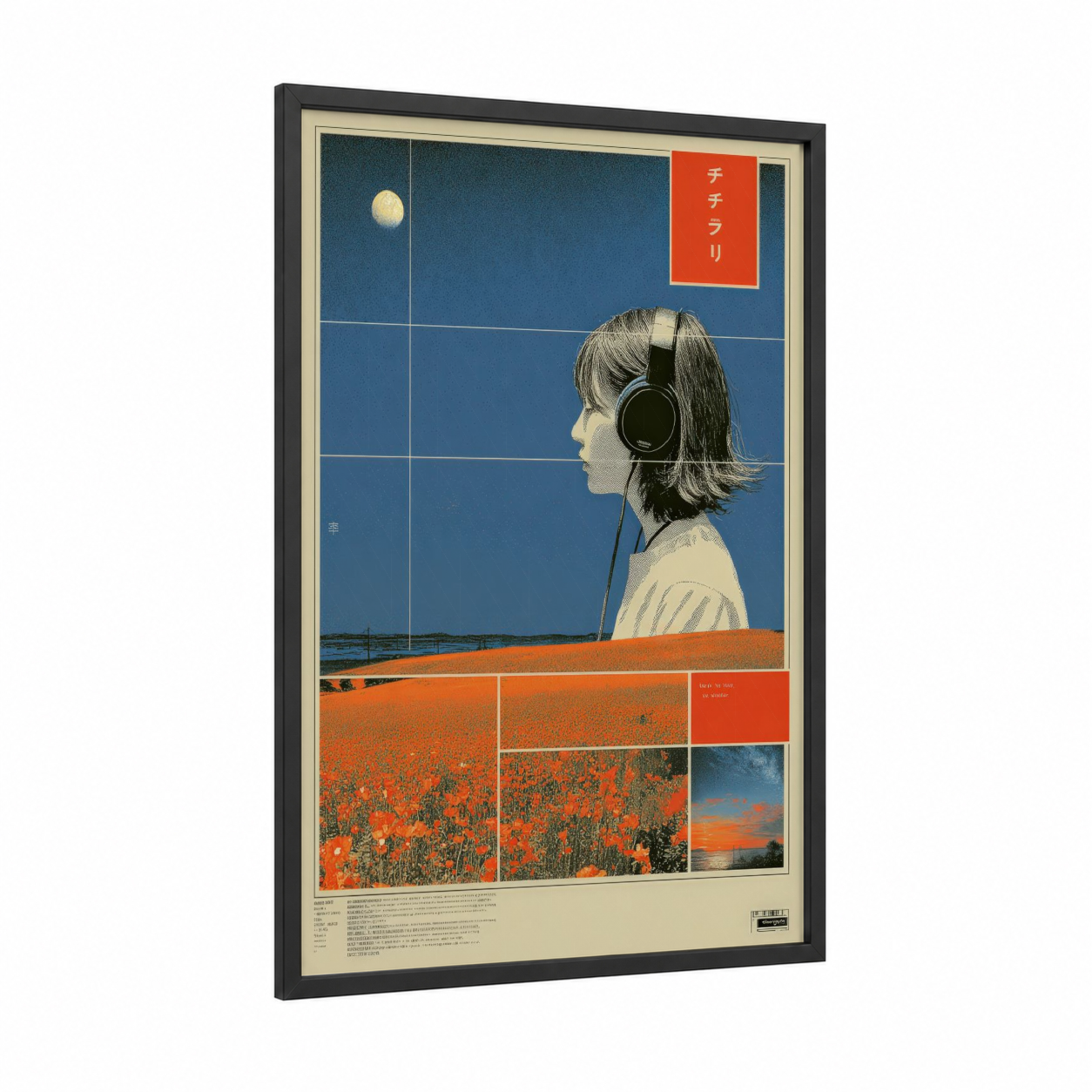 Midnight Listener framed japanese y2k print — black wood frame — dark blue and orange palette