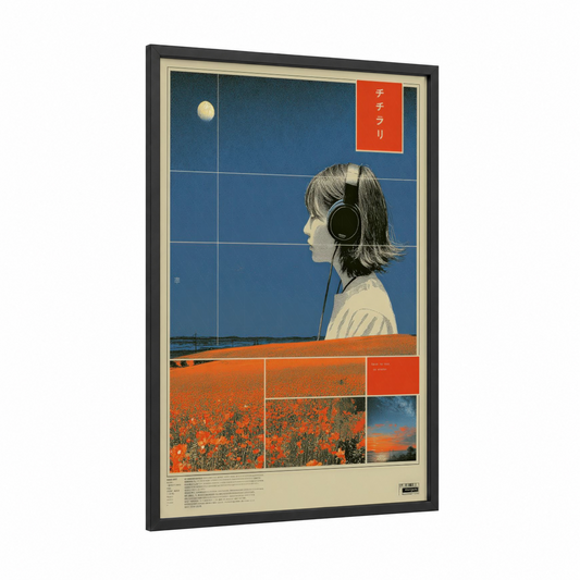 Midnight Listener framed japanese y2k print — black wood frame — dark blue and orange palette