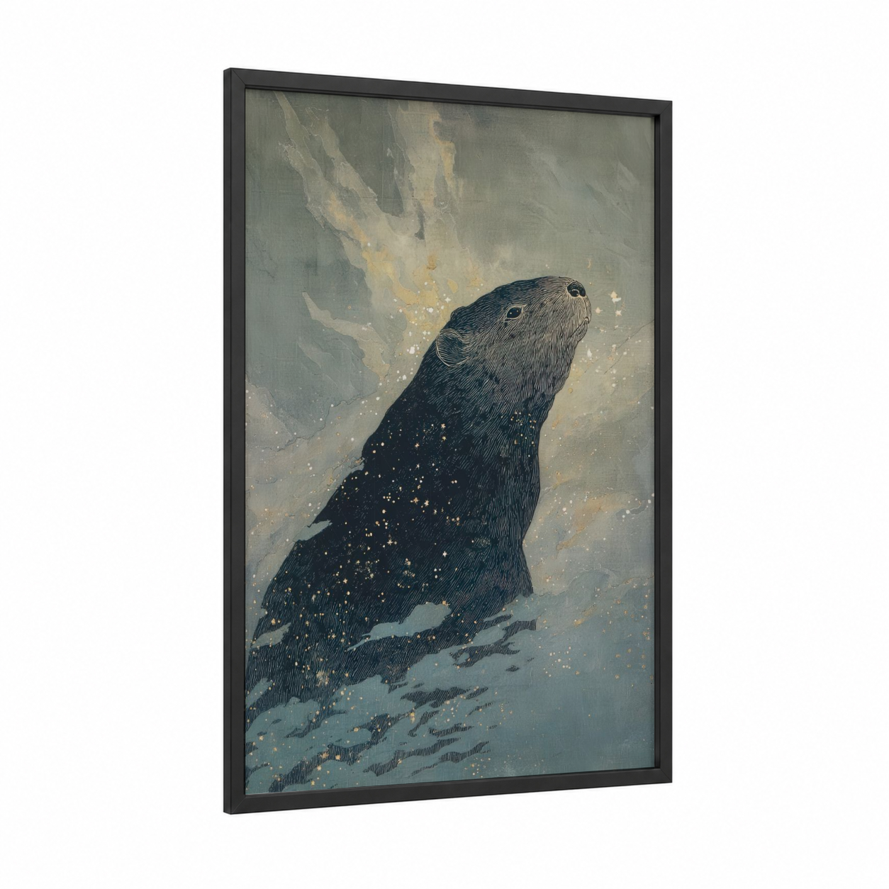 Celestial Beaver framed art print — black wood frame — gold and dove gray palette