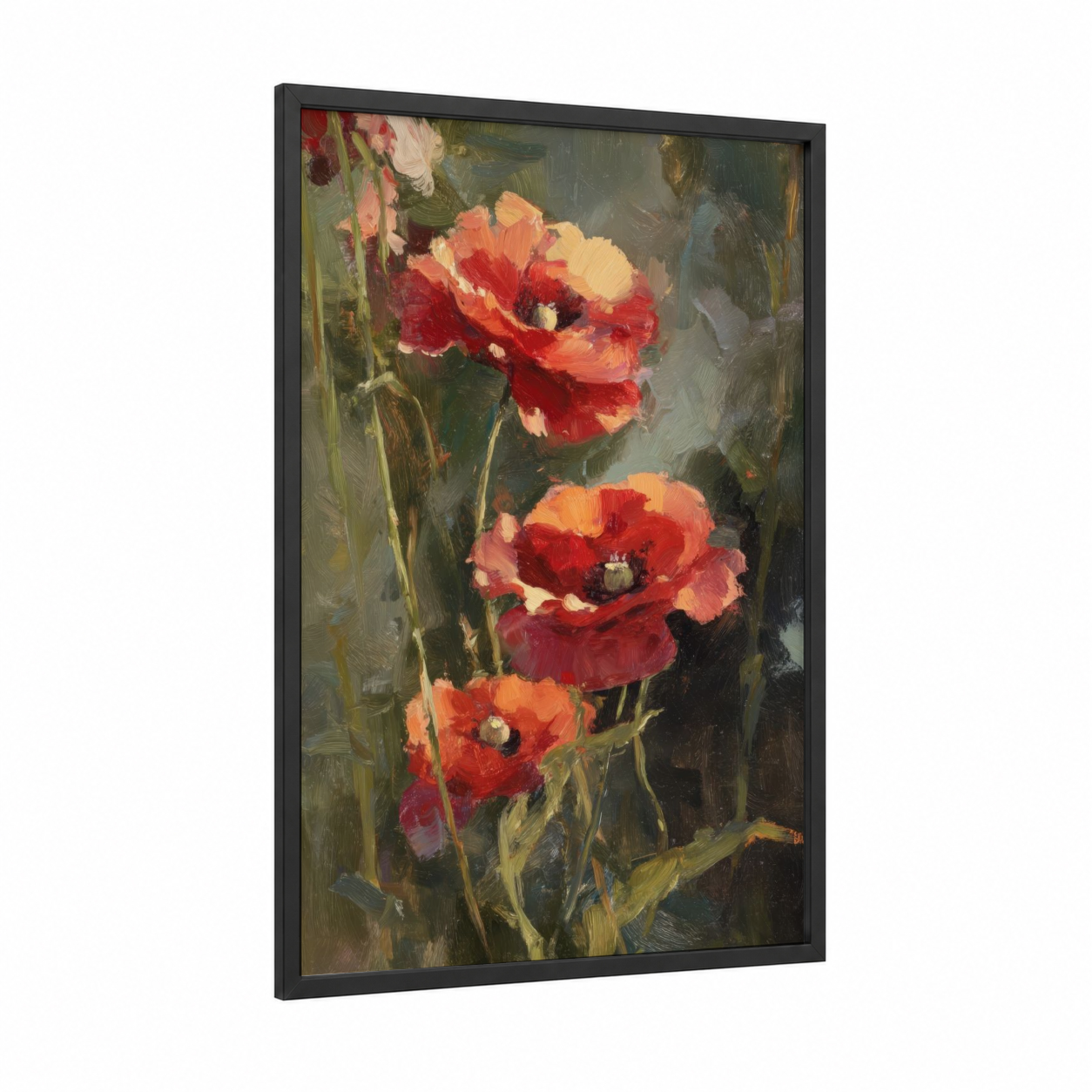 Crimson Poppies Study framed art print — black wood frame — red and sage green palette