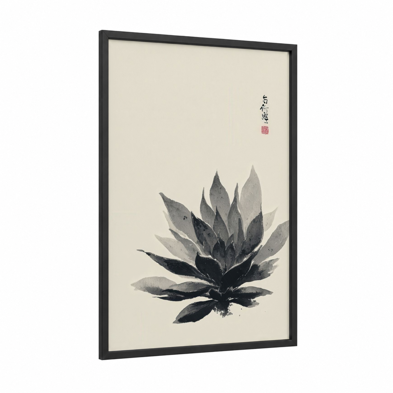 Monochrome Succulent framed art print — black wood frame — gray and black and white palette