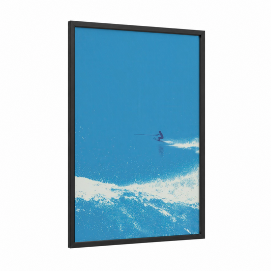 Coastal Wave Skier framed water skiing print — black wood frame — blue and white palette