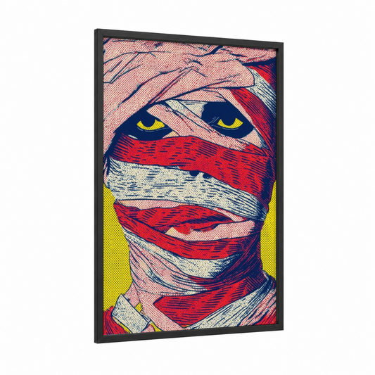 Mummy Pop Art framed halloween print — black wood frame — red and yellow palette