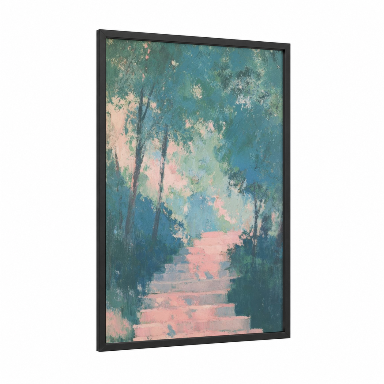 Dreamscape Staircase framed art print — black wood frame — blue and peach palette