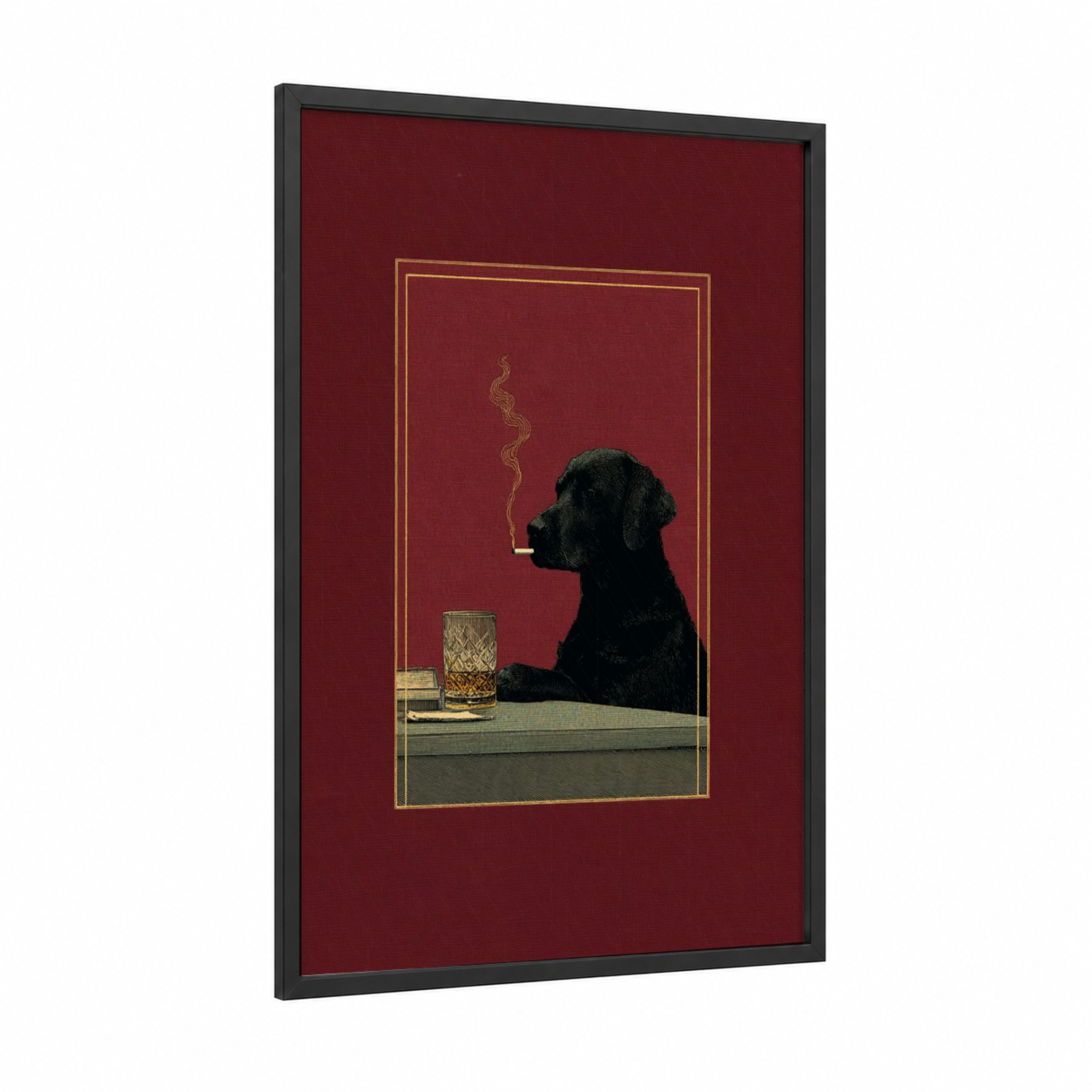 Smoking Cat framed art print — black wood frame — maroon and gold and silver palette