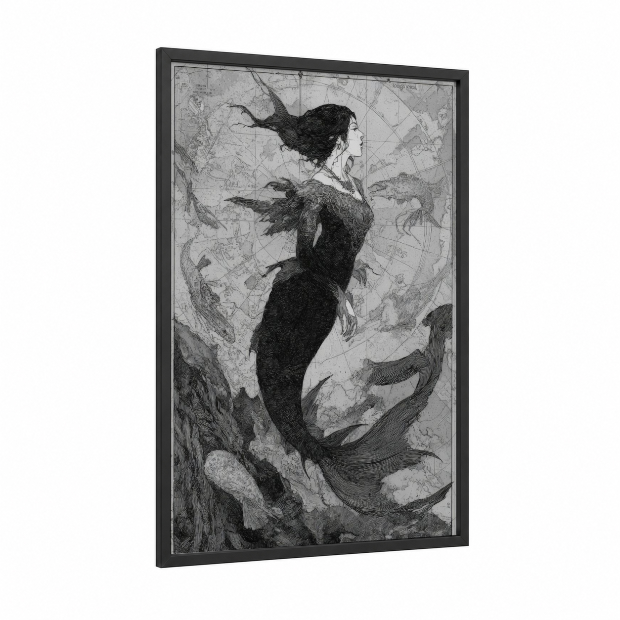 Celestial Mermaid framed art print — black wood frame — black and white palette