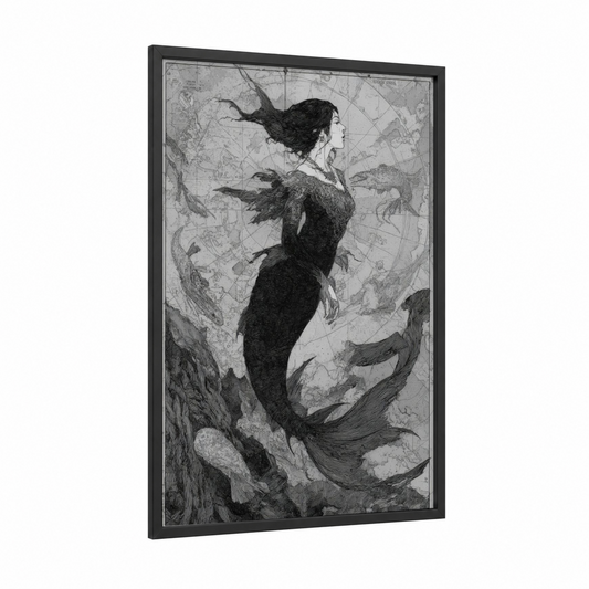 Celestial Mermaid framed art print — black wood frame — black and white palette