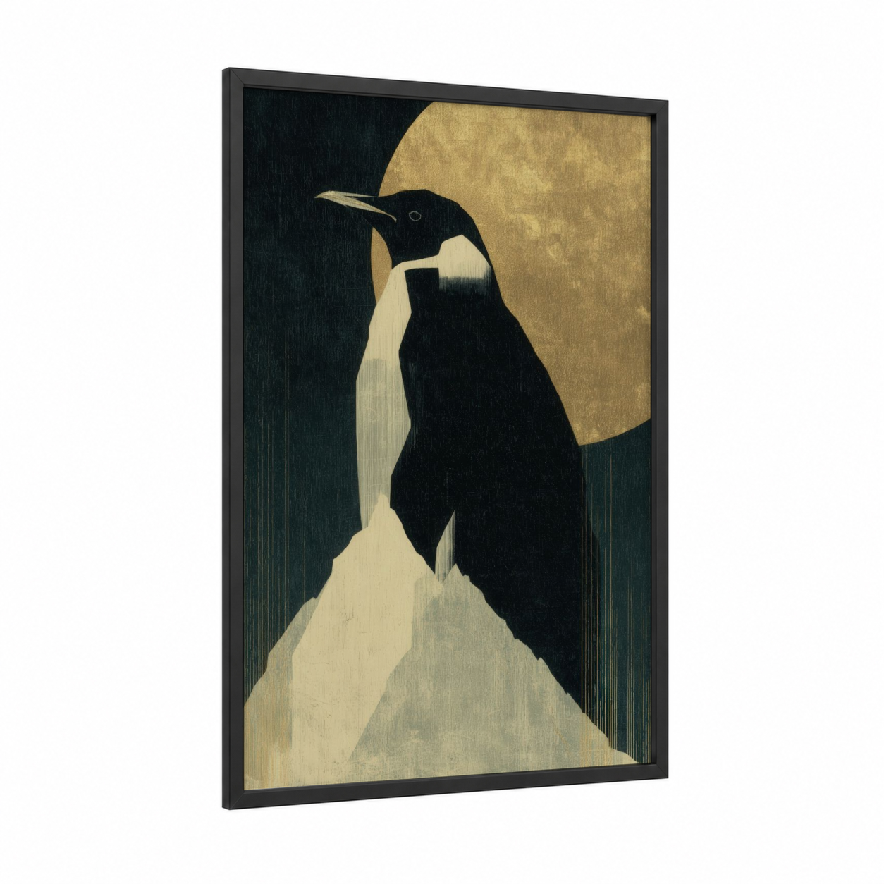 Moonlit Penguin framed art print — black wood frame — black and white and gold palette