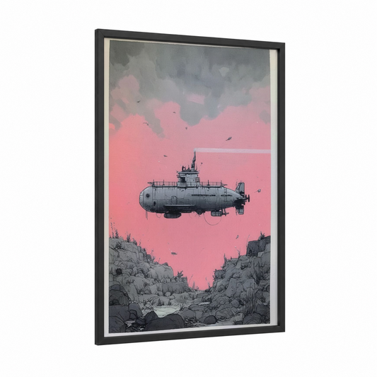Pink Submarine framed art print — black wood frame — pink and gray palette