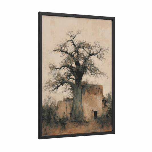 Ancient Baobab framed baobab tree print — black wood frame — beige and russet palette