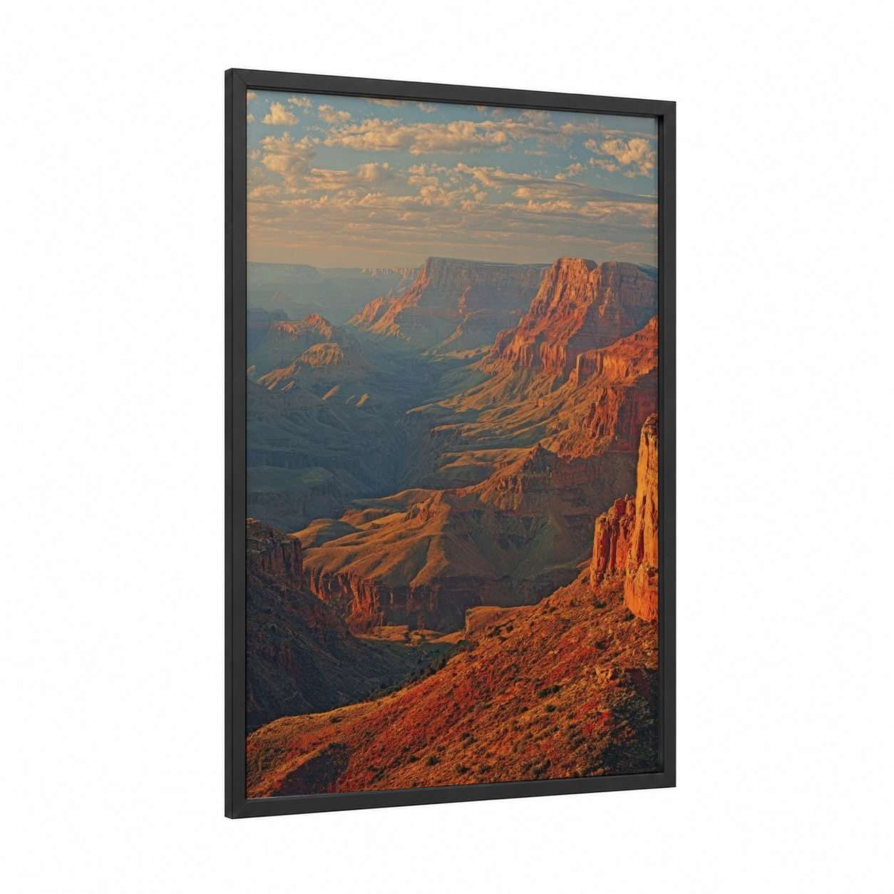 Golden Canyon Sunrise framed art print — black wood frame — gold and russet palette