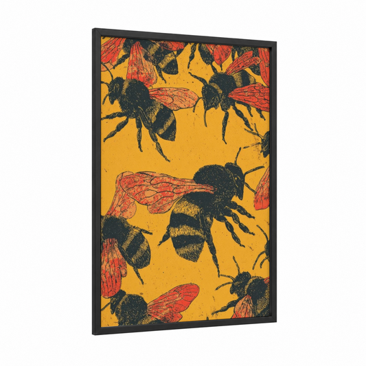 Golden Bee Swarm framed art print — black wood frame — yellow gold and black and red palette