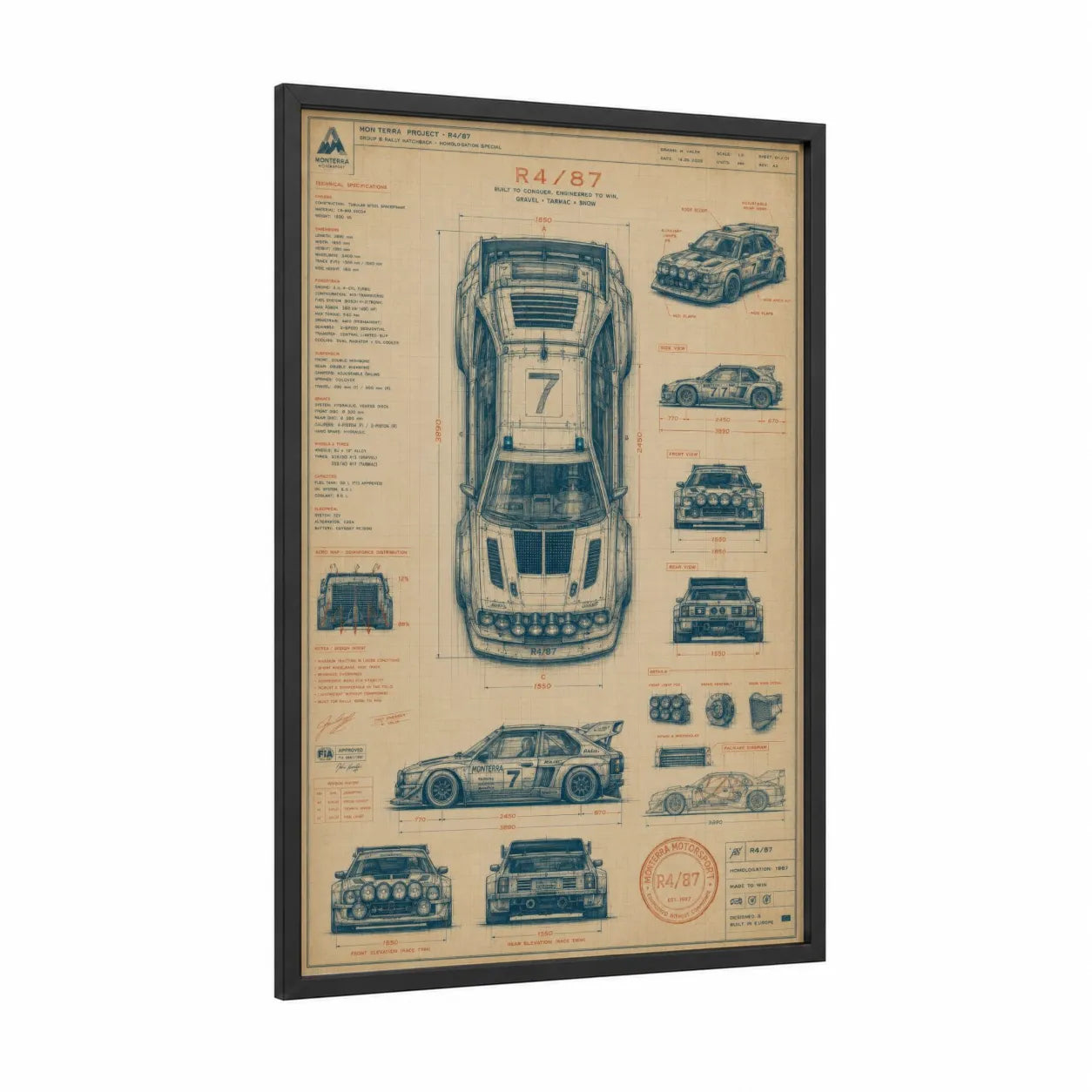 Rally Car Blueprint Wall Art framed auto racing print — black wood frame — blue and beige palette