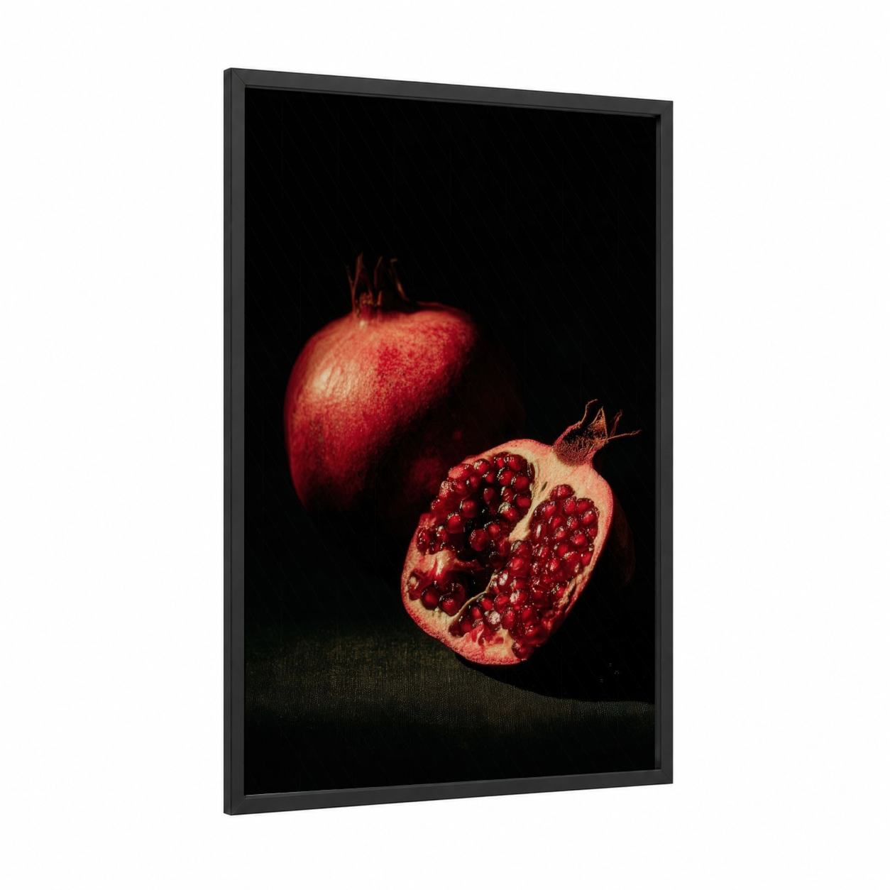 Pomegranate Still Life framed fruit print — black wood frame — red and black palette