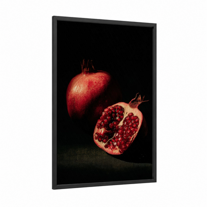 Pomegranate Still Life framed fruit print — black wood frame — red and black palette