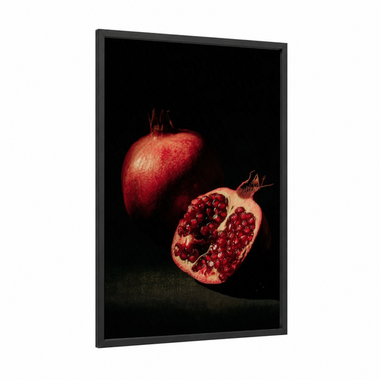 Pomegranate Still Life framed fruit print — black wood frame — red and black palette