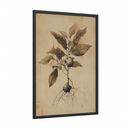 Banyan Root Study framed banyan tree print — black wood frame — beige and brown palette