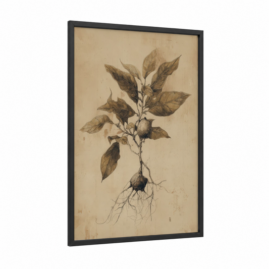 Banyan Root Study framed banyan tree print — black wood frame — beige and brown palette