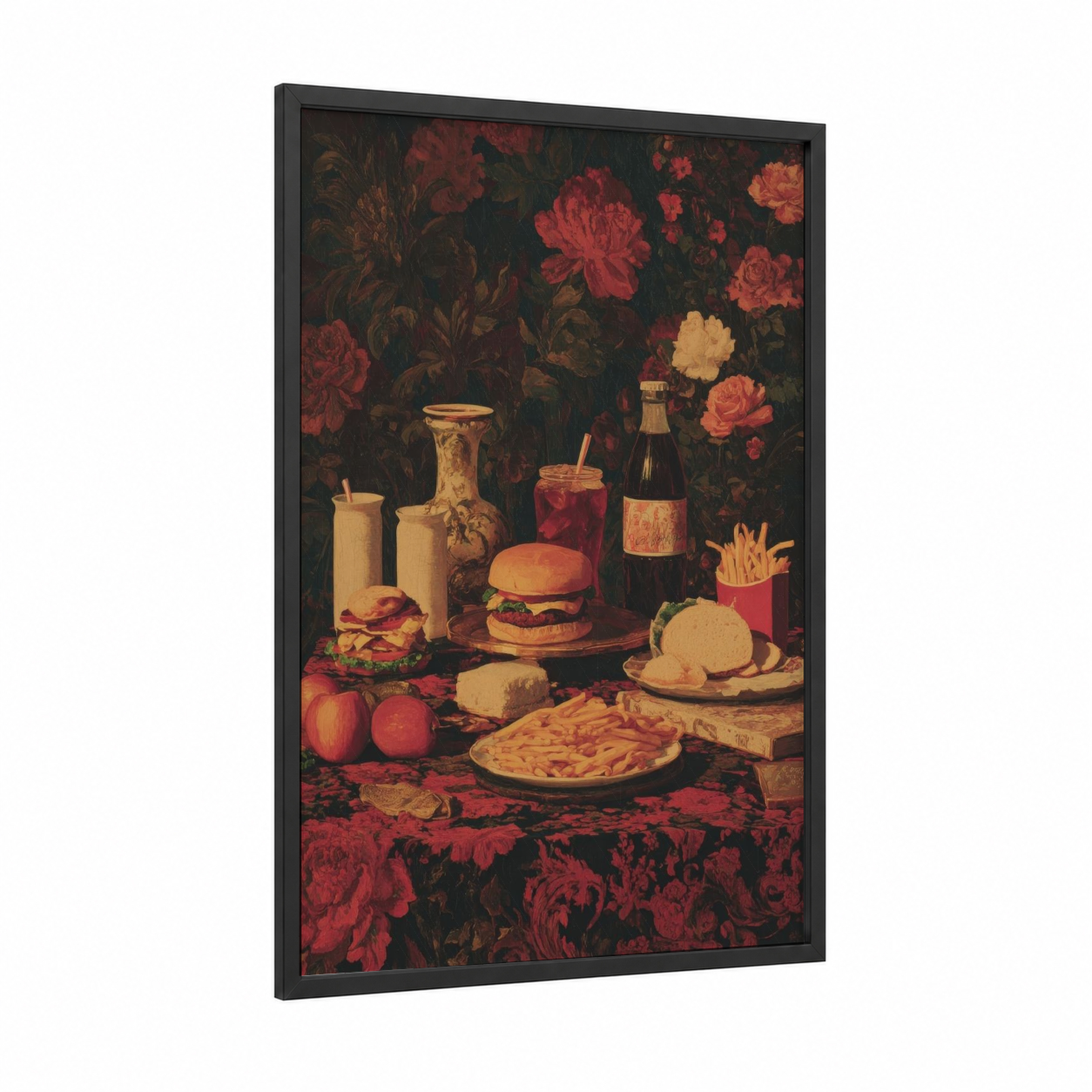 Floral Fast Food framed art print — black wood frame — maroon and gold palette