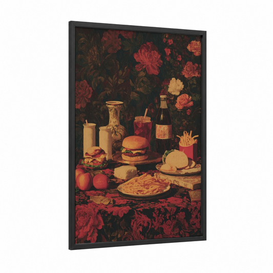 Floral Fast Food framed art print — black wood frame — maroon and gold palette
