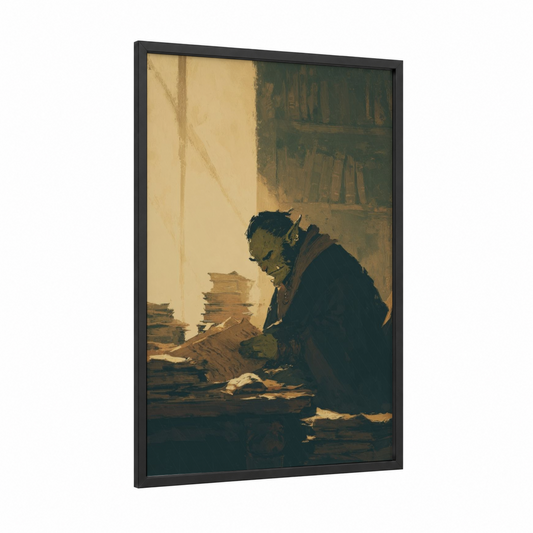 Studious Orc framed art print — black wood frame — gold and dark green palette