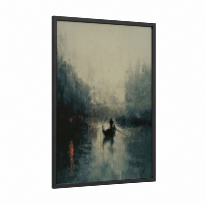 Misty Gondola framed art print — black wood frame — dove gray and cream palette
