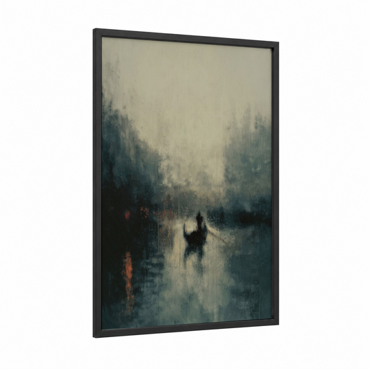 Misty Gondola framed art print — black wood frame — dove gray and cream palette