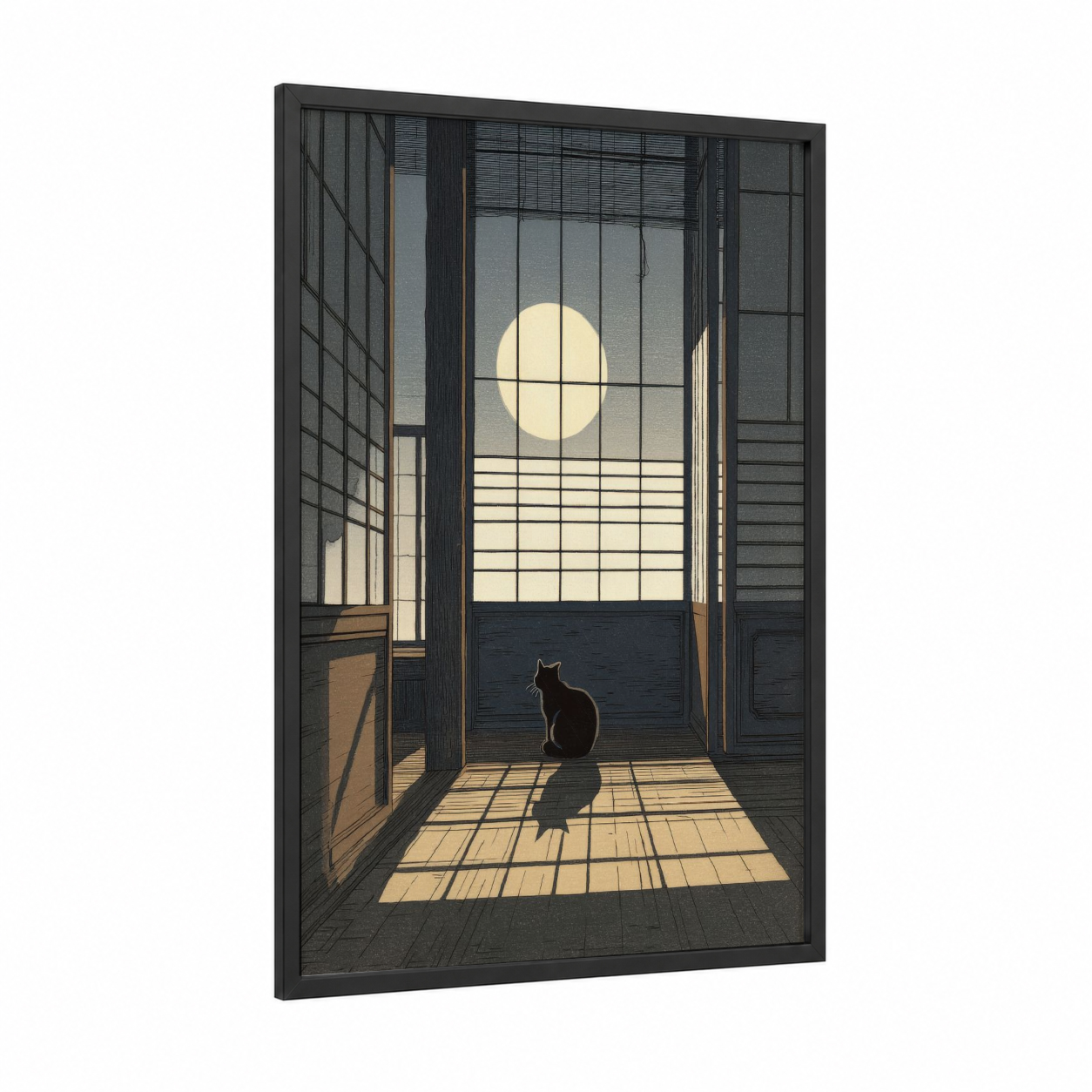Moonlit Cat framed art print — black wood frame — black and white and cream palette