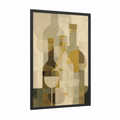Cubist Wine Bottles framed white wine print — black wood frame — gold and sage green palette