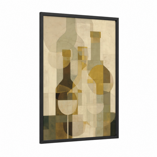 Cubist Wine Bottles framed white wine print — black wood frame — gold and sage green palette