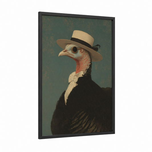 Dapper Turkey framed thanksgiving print — black wood frame — sage green and cream palette