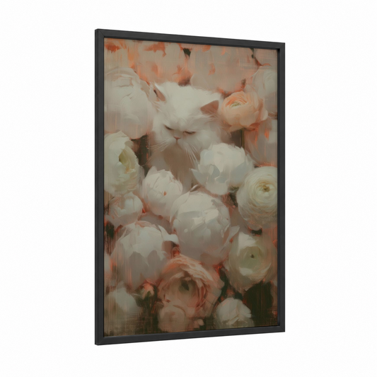 Floral Cat Dream framed art print — black wood frame — peach and white palette