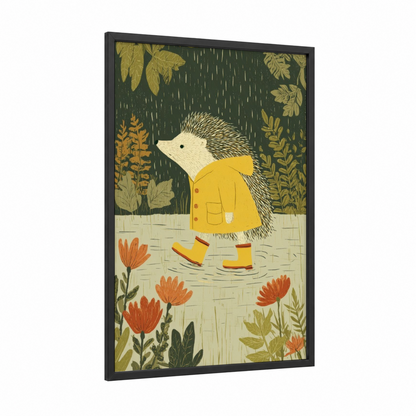 Rainy Day Hedgehog framed art print — black wood frame — gold and dark green palette