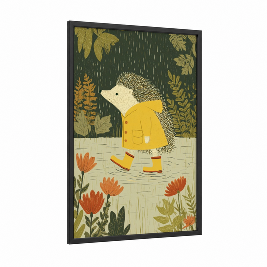 Rainy Day Hedgehog framed art print — black wood frame — gold and dark green palette