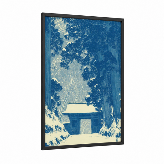 Snowy Gate Portal framed art print — black wood frame — blue and white and cream palette