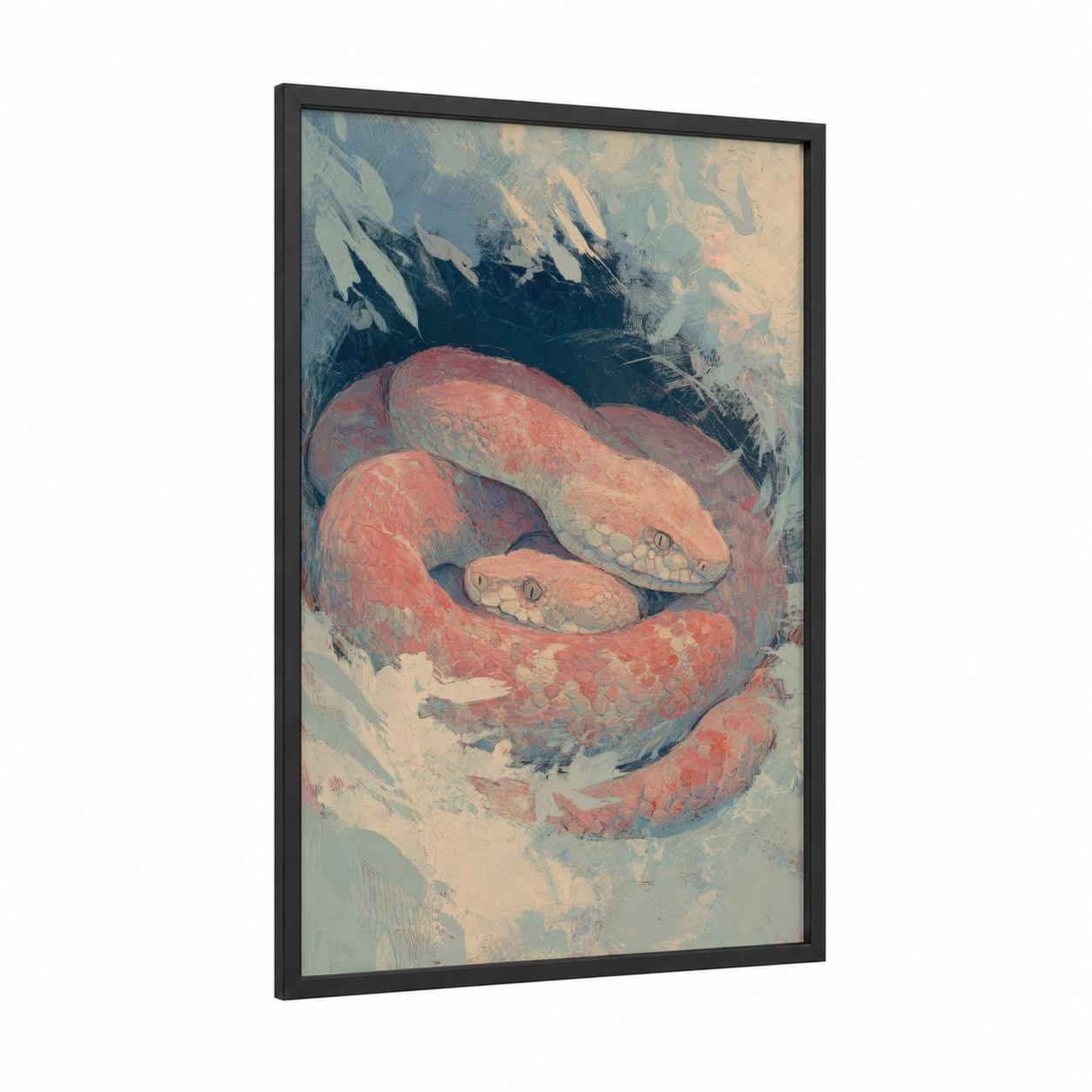 Crimson Rattlesnake framed art print — black wood frame — salmon pink and blue palette