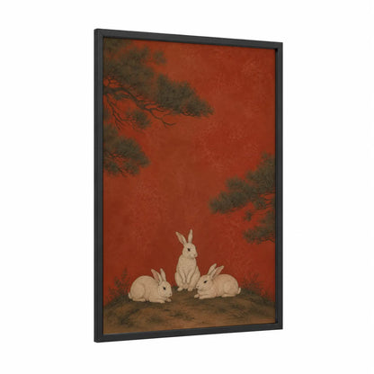 Japanese Rabbits Pine Tree Wall Art framed art print — black wood frame — red and beige palette