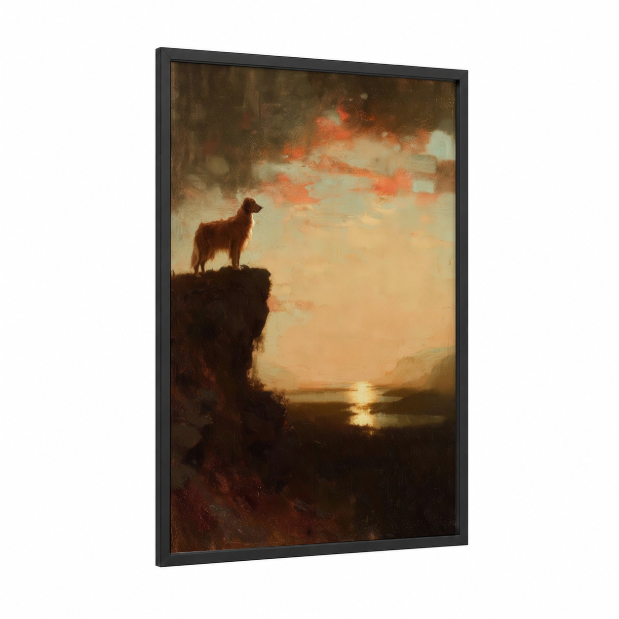 Cliff Retriever Sunset framed art print — black wood frame — gold and russet palette