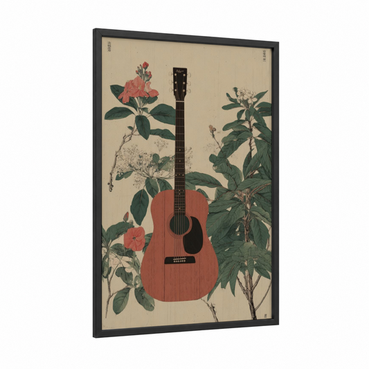 Botanical Guitar framed acoustic guitar print — black wood frame — russet and dark green palette