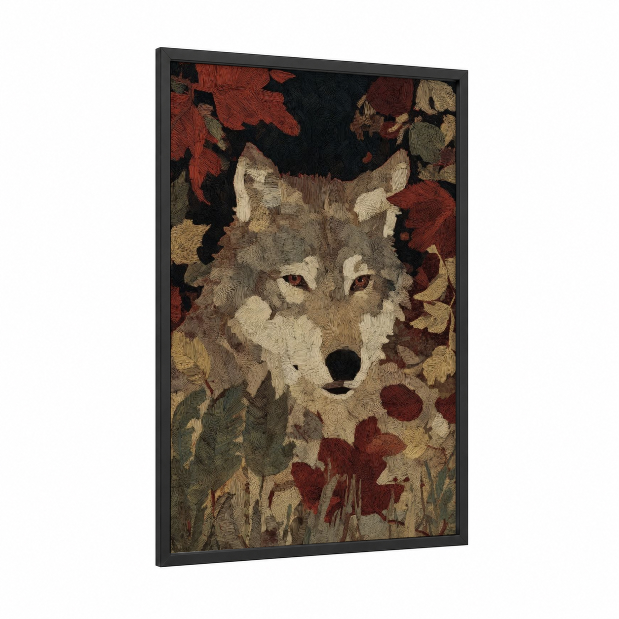 Autumn Wolf framed art print — black wood frame — maroon and gold palette