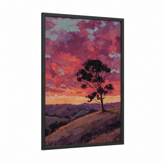 Crimson Kauri Sunset framed kauri tree print — black wood frame — magenta and gold palette